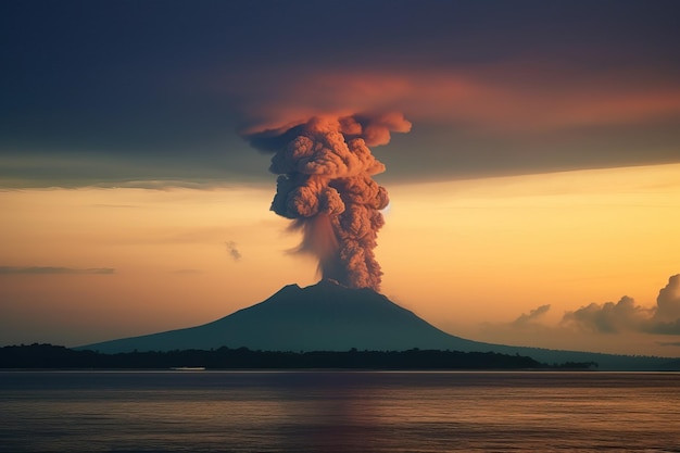 Volcano erupts in the sky at sunset