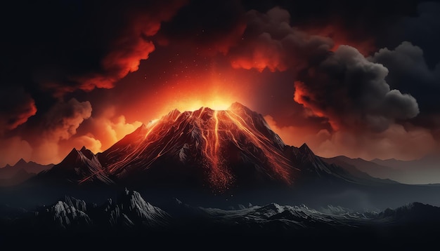 A volcano erupts in the sky with a dark background