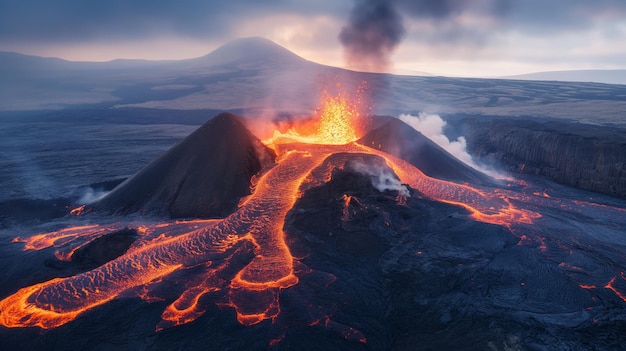 Volcano erupts spewing lava and ash as dusk settles over the stark landscape