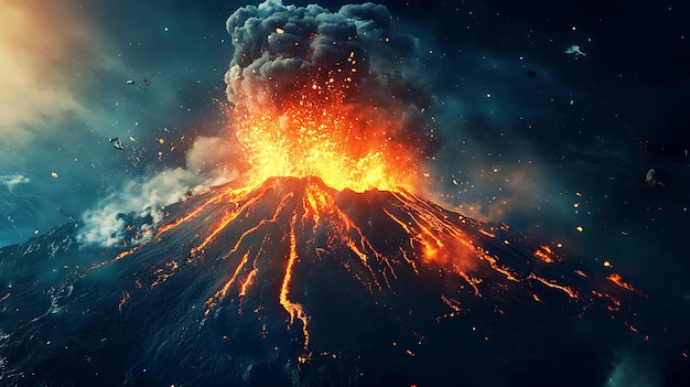 Photo a volcano erupts with a fiery plume and glowing lava flowing down its sides