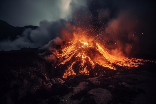 A volcano is burning in the night.