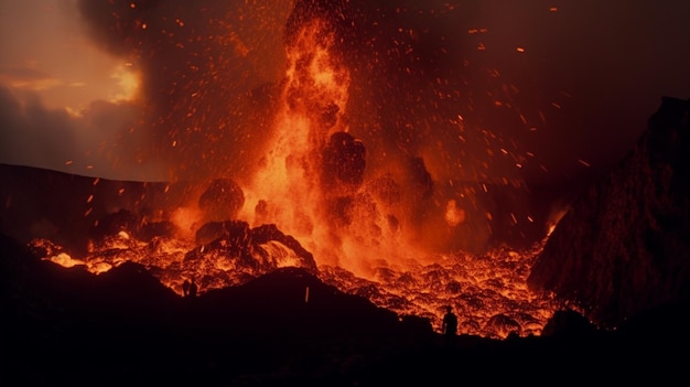 A volcano is burning in the night.