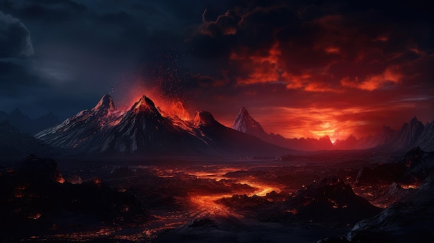 a volcano is lit up by a fire eruption