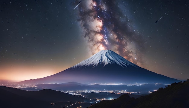 a volcano is lit up by the night sky and the stars are visible