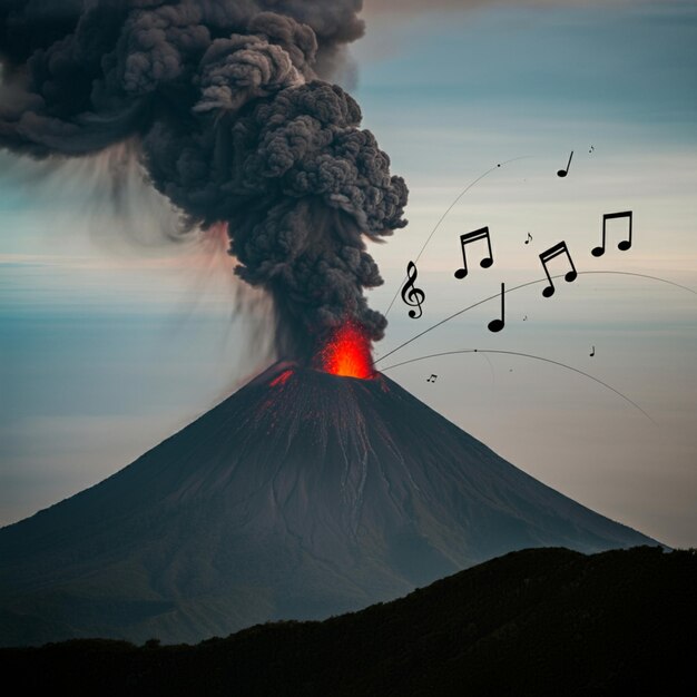 a volcano with birds flying around it and a red spot on it