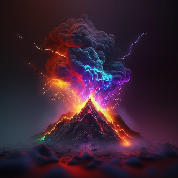 A volcano with a blue and orange light and the word volcano on it