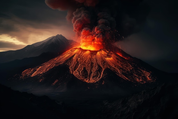 A volcano with a dark sky and smoke