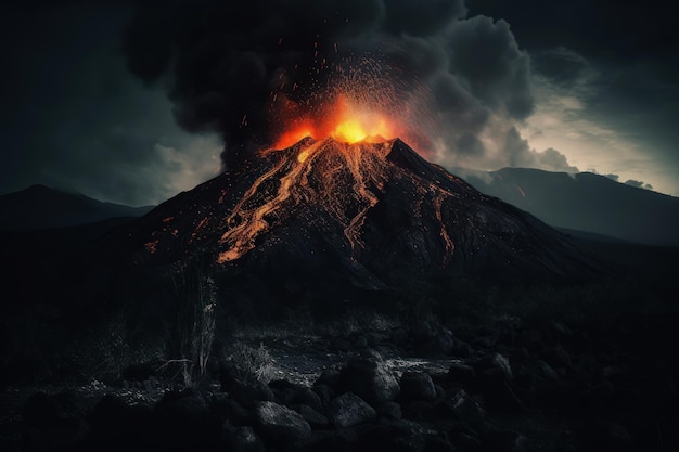 A volcano with a dark sky and smoke