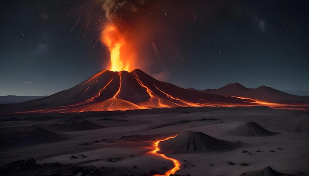 a volcano with a lava flow going down the middle