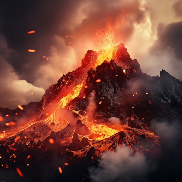 a volcano with lava flowing into it and a volcano in the background