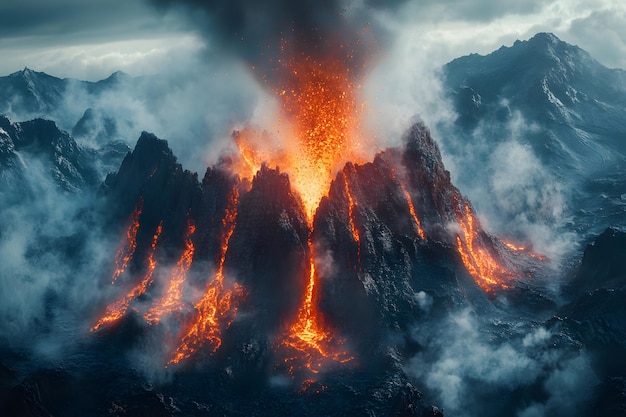 Photo a volcano with lava flowing into it and the word lava on the bottom