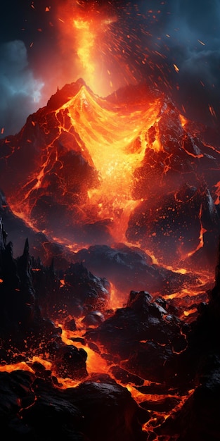 Volcano with lava and lava on the ground and a dark sky generative ai