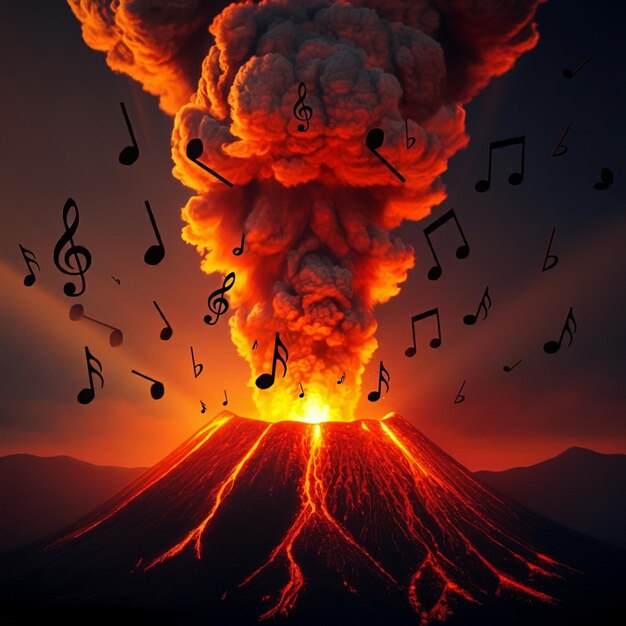 a volcano with music notes on it and a picture of a volcano in the background