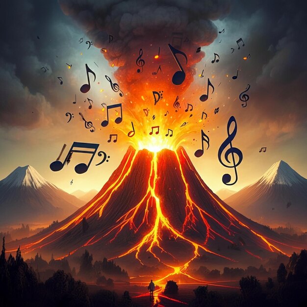 a volcano with music notes on it and a volcano in the background