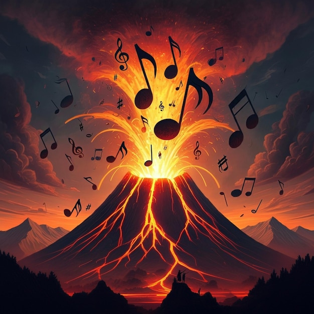 a volcano with music notes on it and a volcano in the background