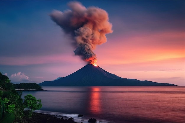 A volcano with a pink sky and smoke coming out of it