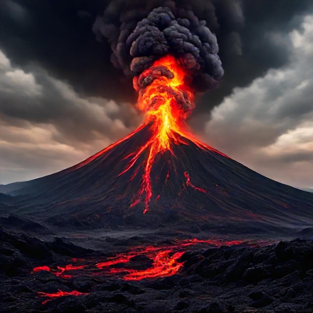 a volcano with a red volcano in the background