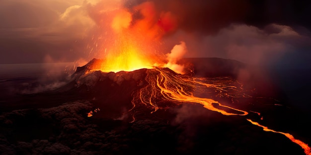 Volcano with smoke billowing up and lava pouring out of a volcanic crater