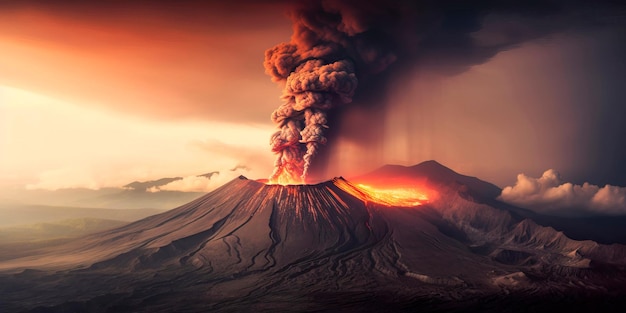 Volcano with smoke billowing up and lava pouring out of a volcanic crater