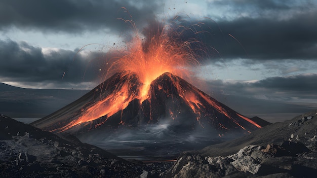 Photo a volcano with a volcano in the background and a volcano in the background