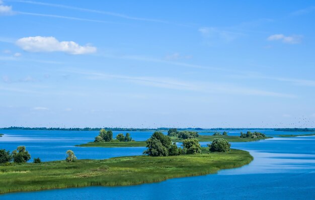 The Volga River Russia Tourist steamer floating on the Volga river channel view from the quadcopter