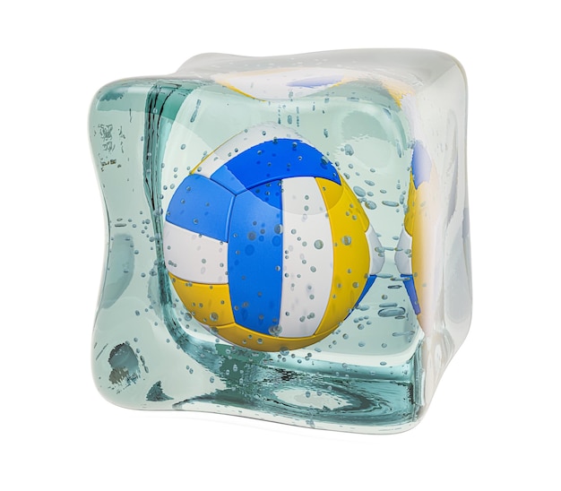 Volleyball ball frozen in ice cube 3D rendering