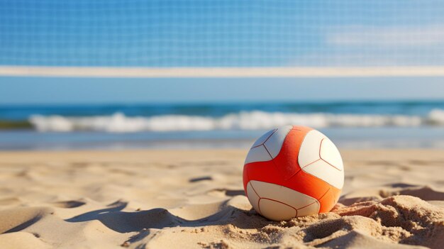 A volleyball ball is pictured on a beach with a volley ball net