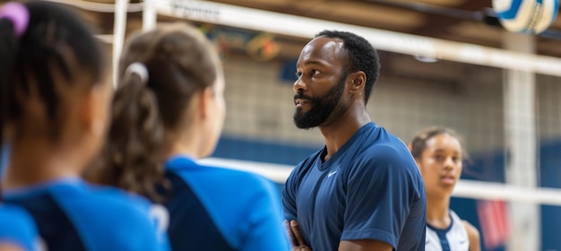 Volleyball Coaching Clinic Promotional Banner with Experienced Coach Demonstrating Techniques to Players