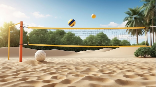 a volleyball game is being played on a sandy beach