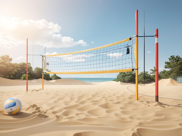 a volleyball net on a beach with the ocean in the background