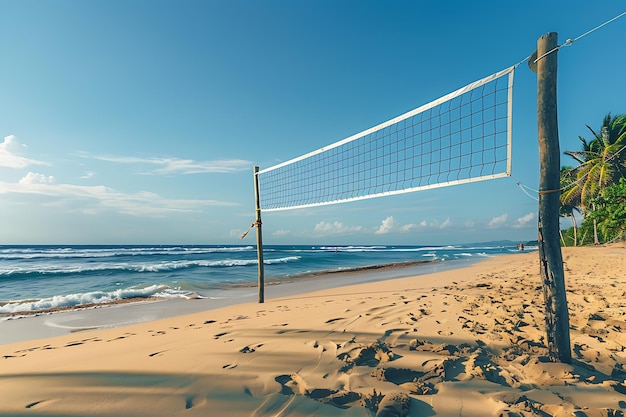 Volleyball Net on Sandy Beach by Ocean