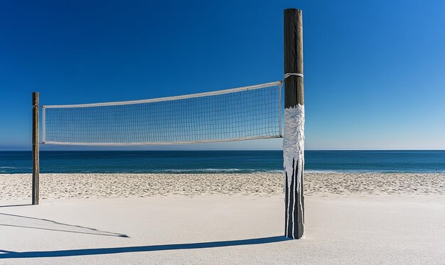 Photo a volleyball net stands on a white sand beach with a clear blue ocean in the background