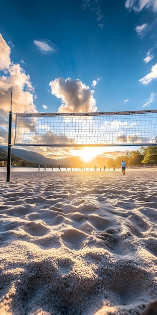 Volleyball on sandy beach during sunset