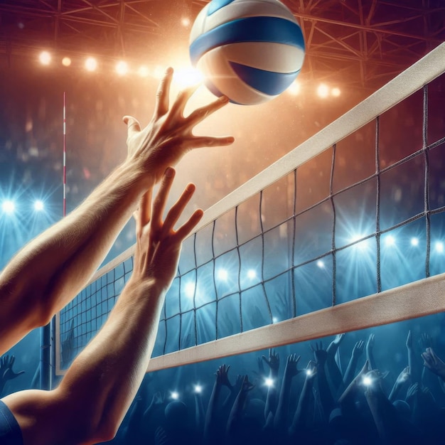 Volleyball spike and hand block over the net in a vibrant stadium