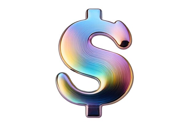 Volumetric 3D rendering of a dollar sign Metallized holographic surface molten chrome neon