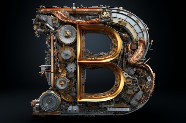 Volumetric capital letter B made of metal Effect of compressed scrap metal wheels gears parts wire Workpiece for spectacular 3D text Mockup Isolated on black