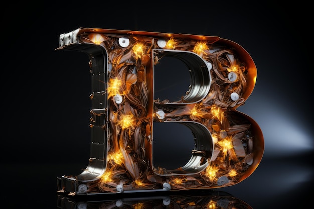 Volumetric capital letter b made of metal effect of compressed scrap metal wheels gears parts wire