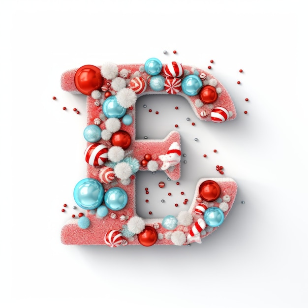 Volumetric capital letter E decorated in a festive Christmas and New Year style Christmas tree decorations balls pine cones tinsel Mockup for Christmas banner or background Isolated on white