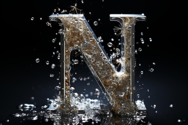 Volumetric capital letter n made of metal effect of freeze metal with bubbles sparks and ice shards