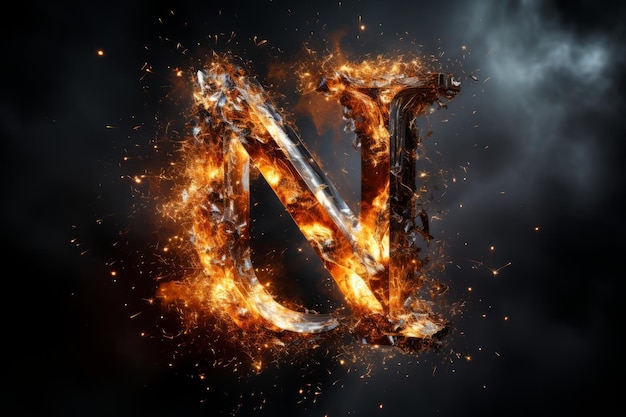 Volumetric capital letter n made of metal effect of metal heated for forging with flames sparks and