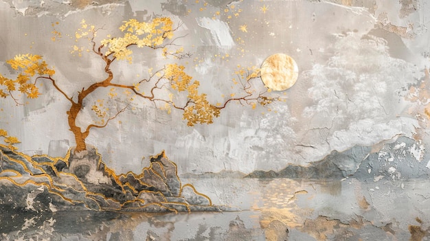 Volumetric decorative Japanese landscape stucco molding on a plastered wall with gold elements