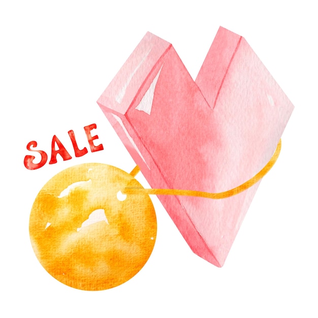 Volumetric heart with a yellow tag watercolor illustration