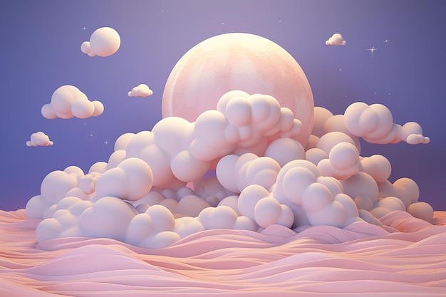 Volumetric image of a pink moon in a clouds in a blue sky Generated ai