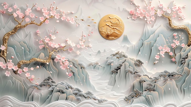 Volumetric Japanese mountain landscape with sakura trees with golden elements and flowers