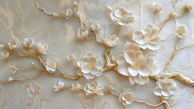 Volumetric Japanese patterns with gold elements and flowers