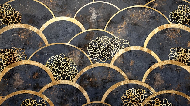 Volumetric traditional Japanese patterns ornaments with gold elements and flowers