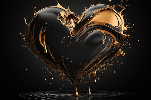 Voluminous black heart in gold paint with splashes on dark background Generative AI