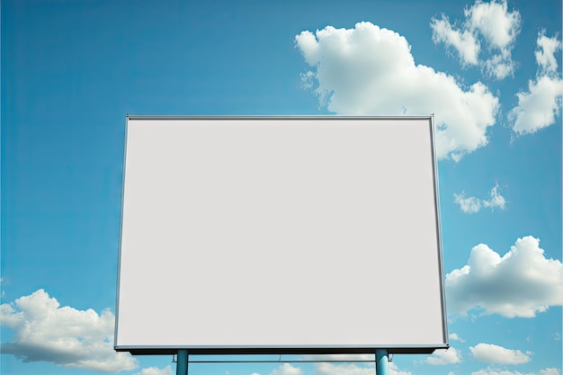 Voluminous blank billboard mockup on two legs located outside city against background of blue sky