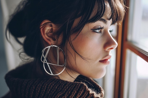 Photo voluminous geometric silver earrings on a woman ear