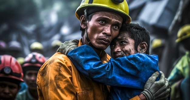 Voluntary rescuers hold rescued children in their arms rescued people from the rubble Generative AI